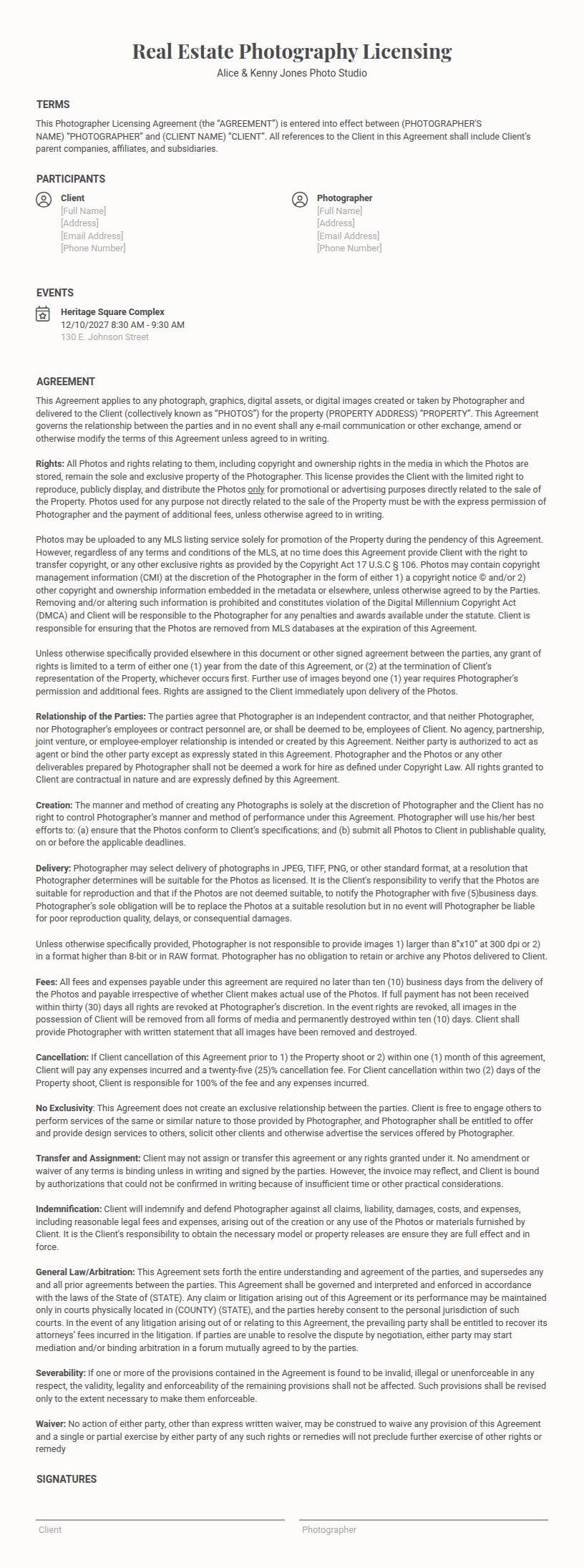 Real Estate Photography Contract terms