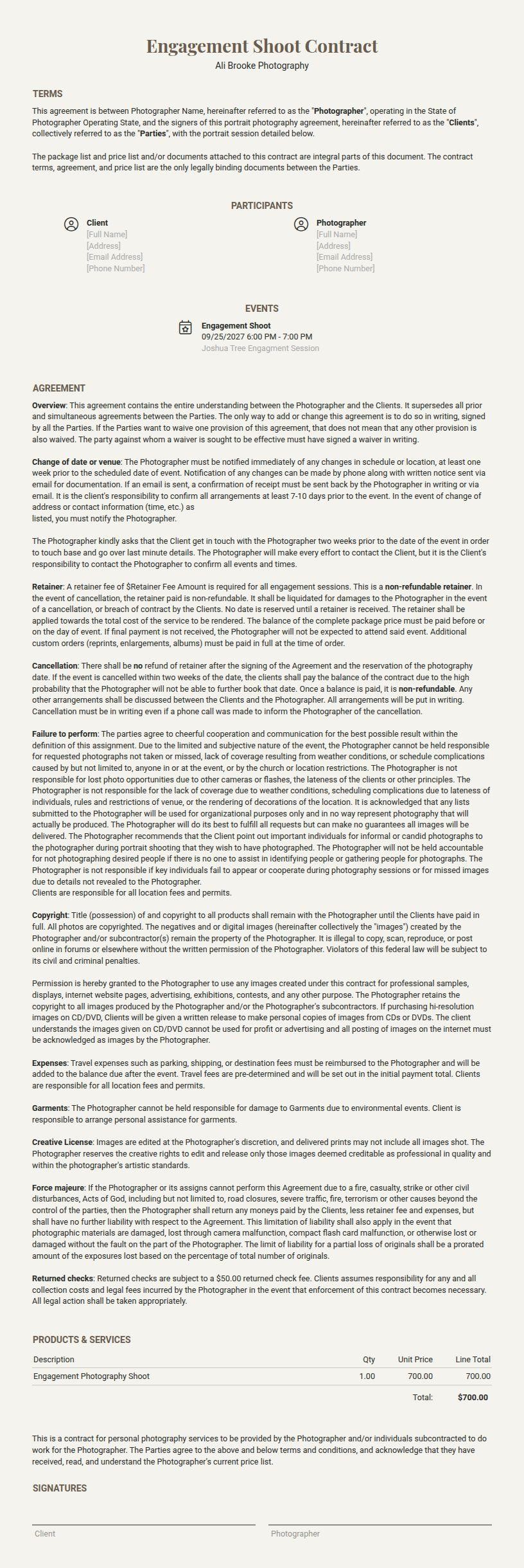 Engagement Shoot Contract terms