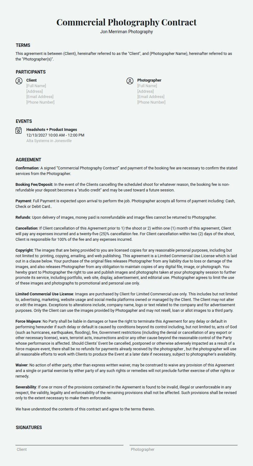 Commercial Photography Contract terms