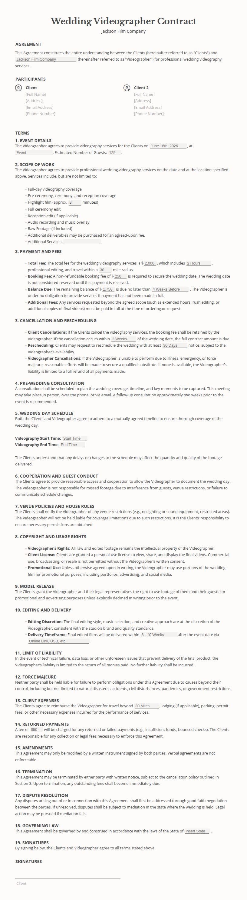 Videography Contract terms