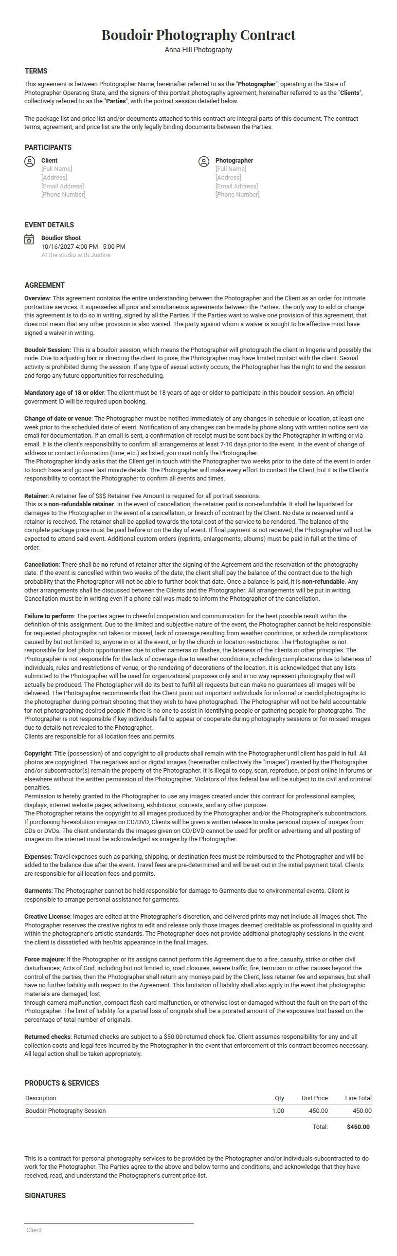 Boudoir Photography Contract terms