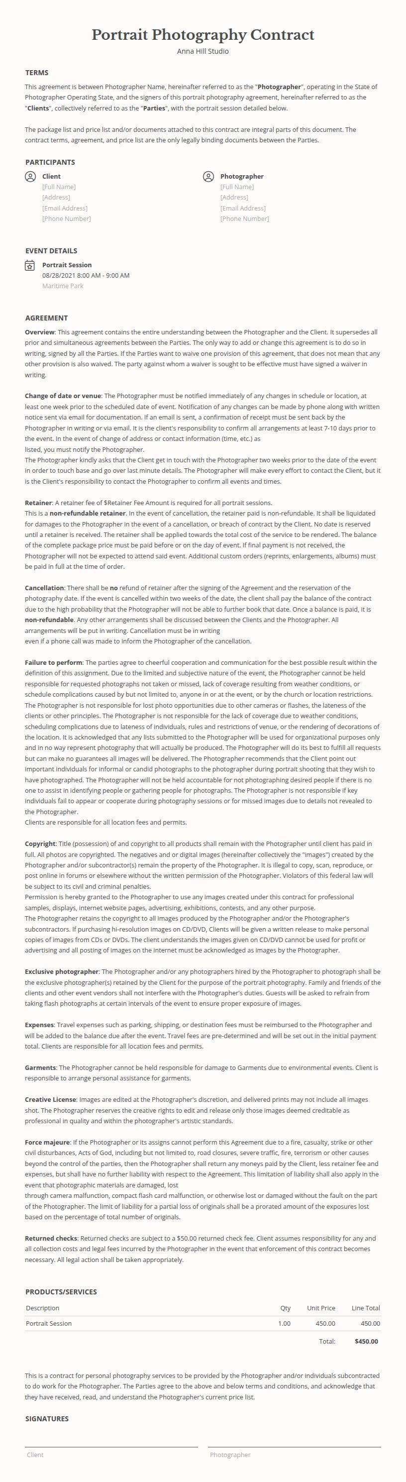 Portrait Photography Contract terms