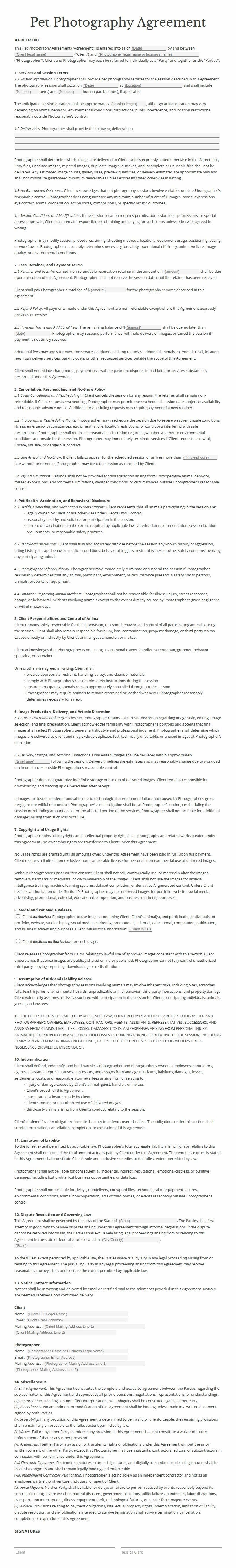 Pet Photography Contract terms