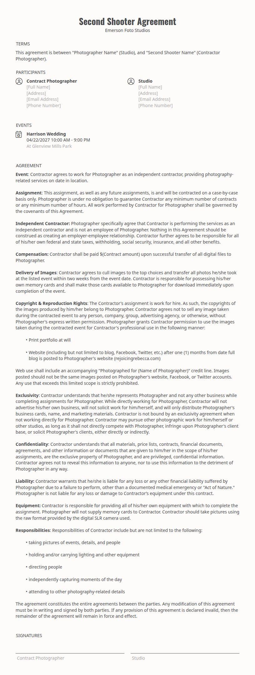 Second Shooter Contract terms