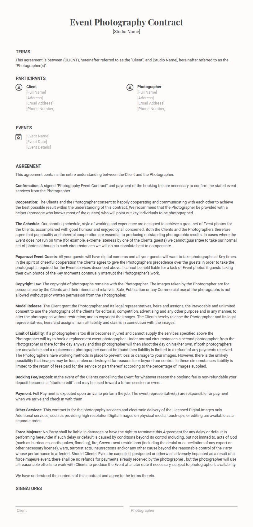 Event Photography Contract terms